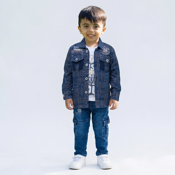 Boys Printed Casual Jacket Shirt with Graphic T-Shirt, Blue Cargo Jeans and White Sneakers