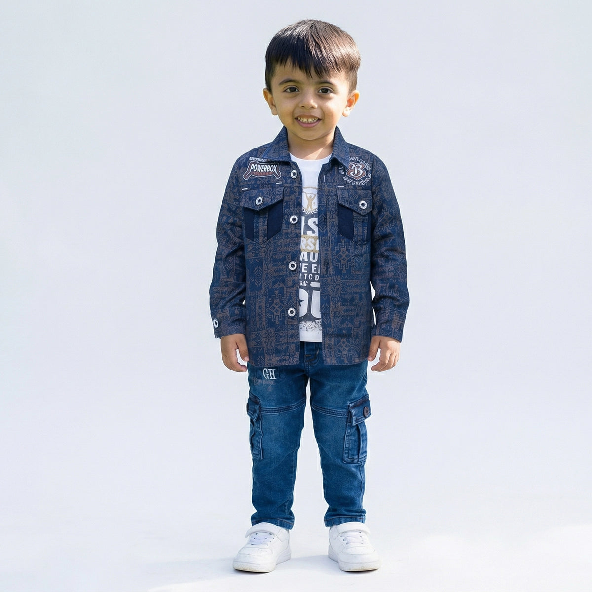Boys Printed Casual Jacket Shirt with Graphic T-Shirt, Blue Cargo Jeans and White Sneakers - image 2