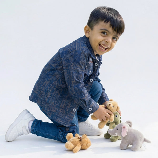 Boys Printed Casual Jacket Shirt with Graphic T-Shirt, Blue Cargo Jeans and White Sneakers