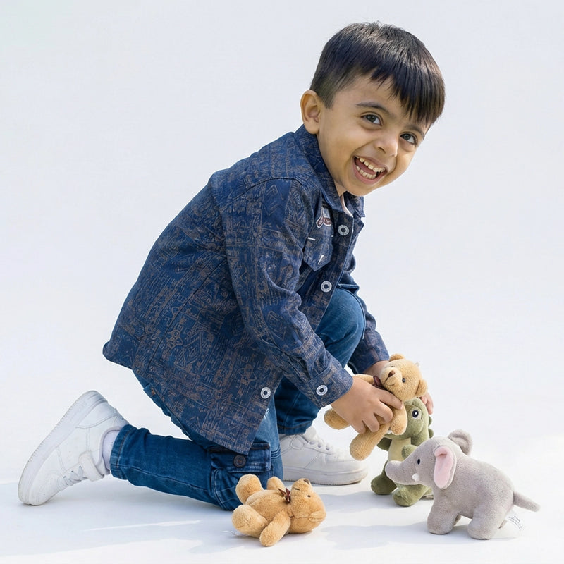 Boys Printed Casual Jacket Shirt with Graphic T-Shirt, Blue Cargo Jeans and White Sneakers