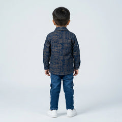 Boys Printed Casual Jacket Shirt with Graphic T-Shirt, Blue Cargo Jeans and White Sneakers