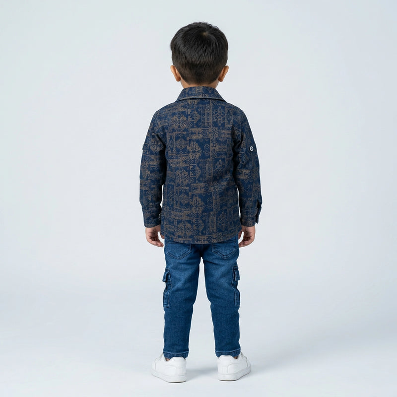 Boys Printed Casual Jacket Shirt with Graphic T-Shirt, Blue Cargo Jeans and White Sneakers
