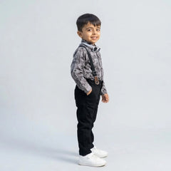 BOYS Grey Printed Shirt with Suspender Pants Party Wear Outfit Set