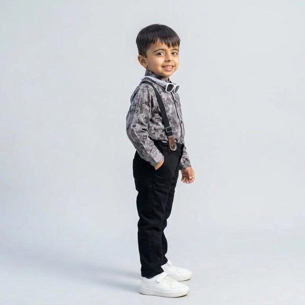 BOYS Grey Printed Shirt with Suspender Pants Party Wear Outfit Set