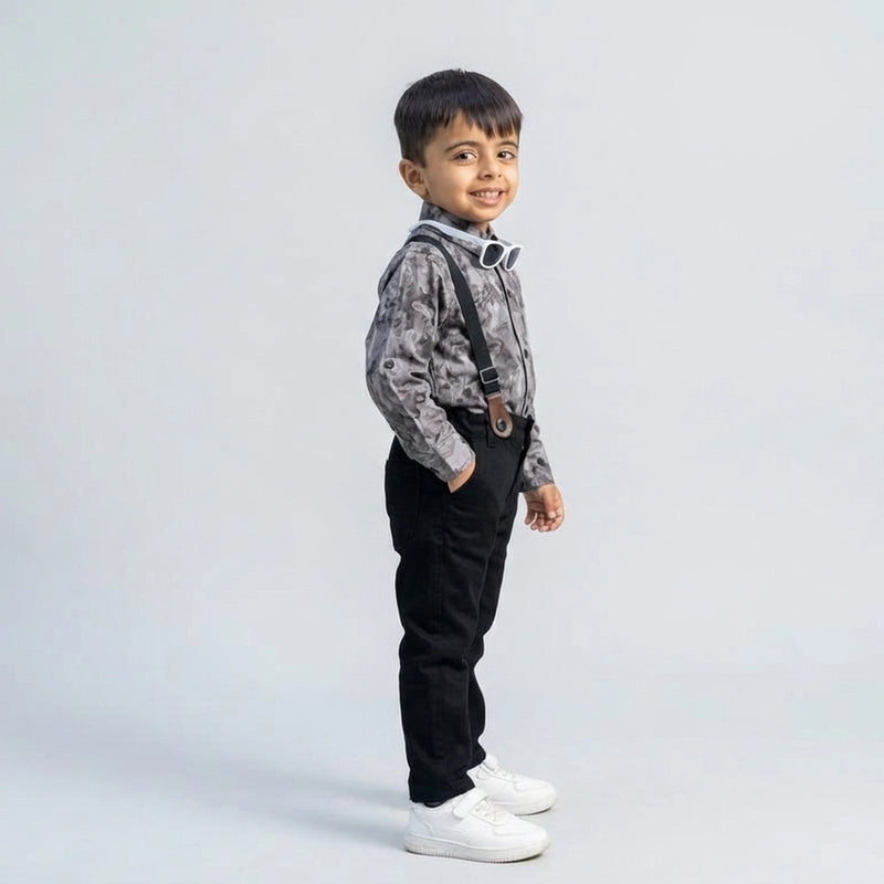 BOYS Grey Printed Shirt with Suspender Pants Party Wear Outfit Set