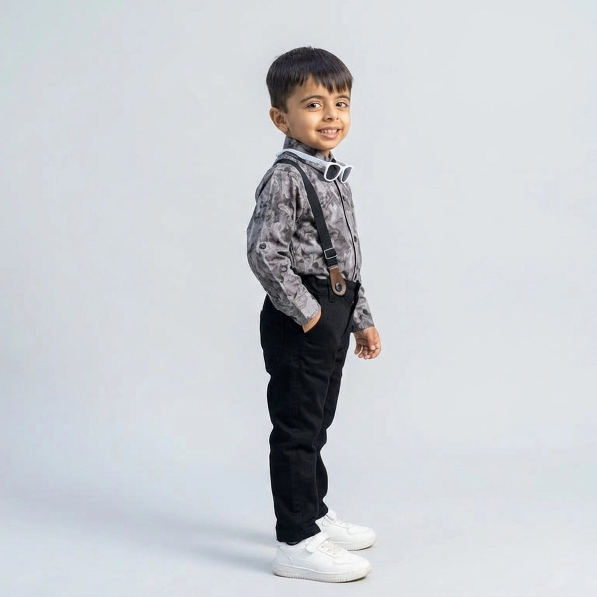 BOYS Grey Printed Shirt with Suspender Pants Party Wear Outfit Set - image 2