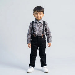 BOYS Grey Printed Shirt with Suspender Pants Party Wear Outfit Set