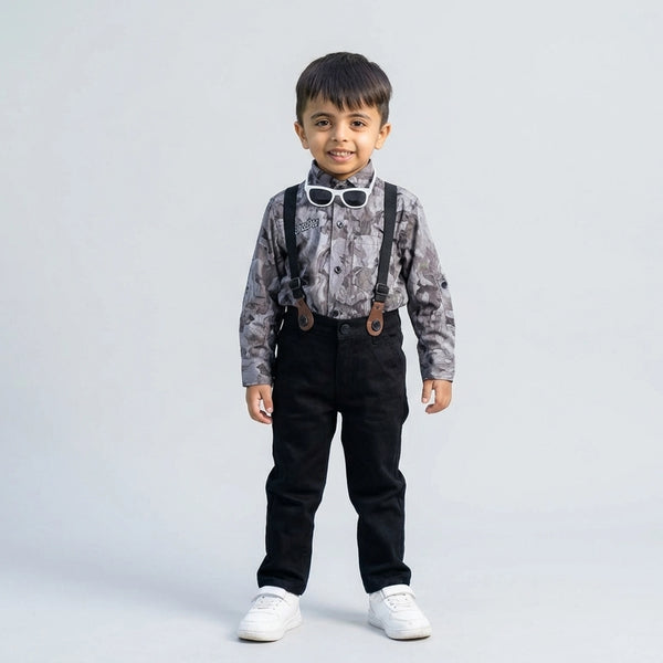 BOYS Grey Printed Shirt with Suspender Pants Party Wear Outfit Set