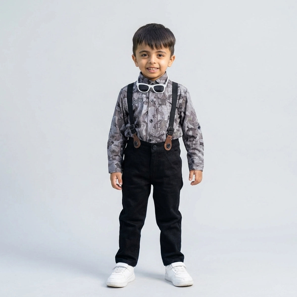 BOYS Grey Printed Shirt with Suspender Pants Party Wear Outfit Set - image 3