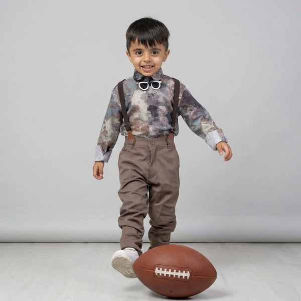 BOYS Grey Printed Shirt with Suspender Pants Party Wear Outfit Set