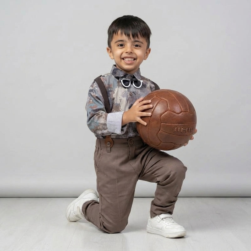 BOYS Grey Printed Shirt with Suspender Pants Party Wear Outfit Set