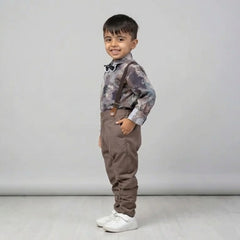 BOYS Grey Printed Shirt with Suspender Pants Party Wear Outfit Set