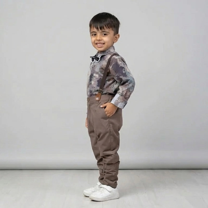 BOYS Grey Printed Shirt with Suspender Pants Party Wear Outfit Set