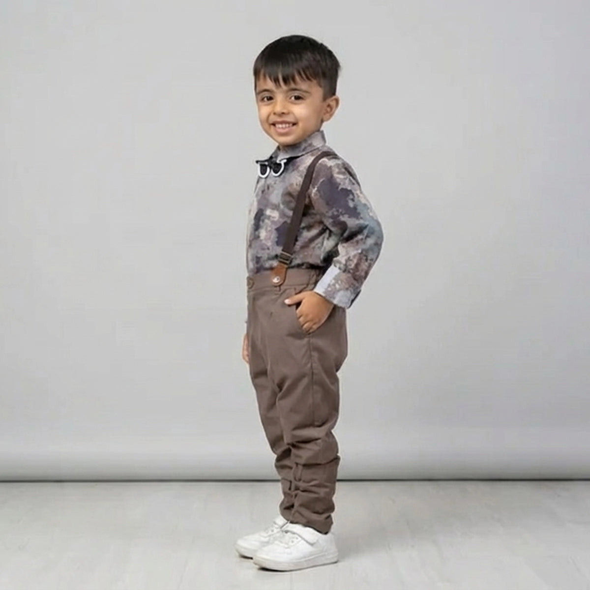 BOYS Grey Printed Shirt with Suspender Pants Party Wear Outfit Set - image 6