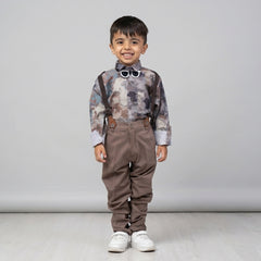 BOYS Grey Printed Shirt with Suspender Pants Party Wear Outfit Set