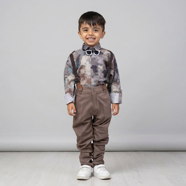 BOYS Grey Printed Shirt with Suspender Pants Party Wear Outfit Set