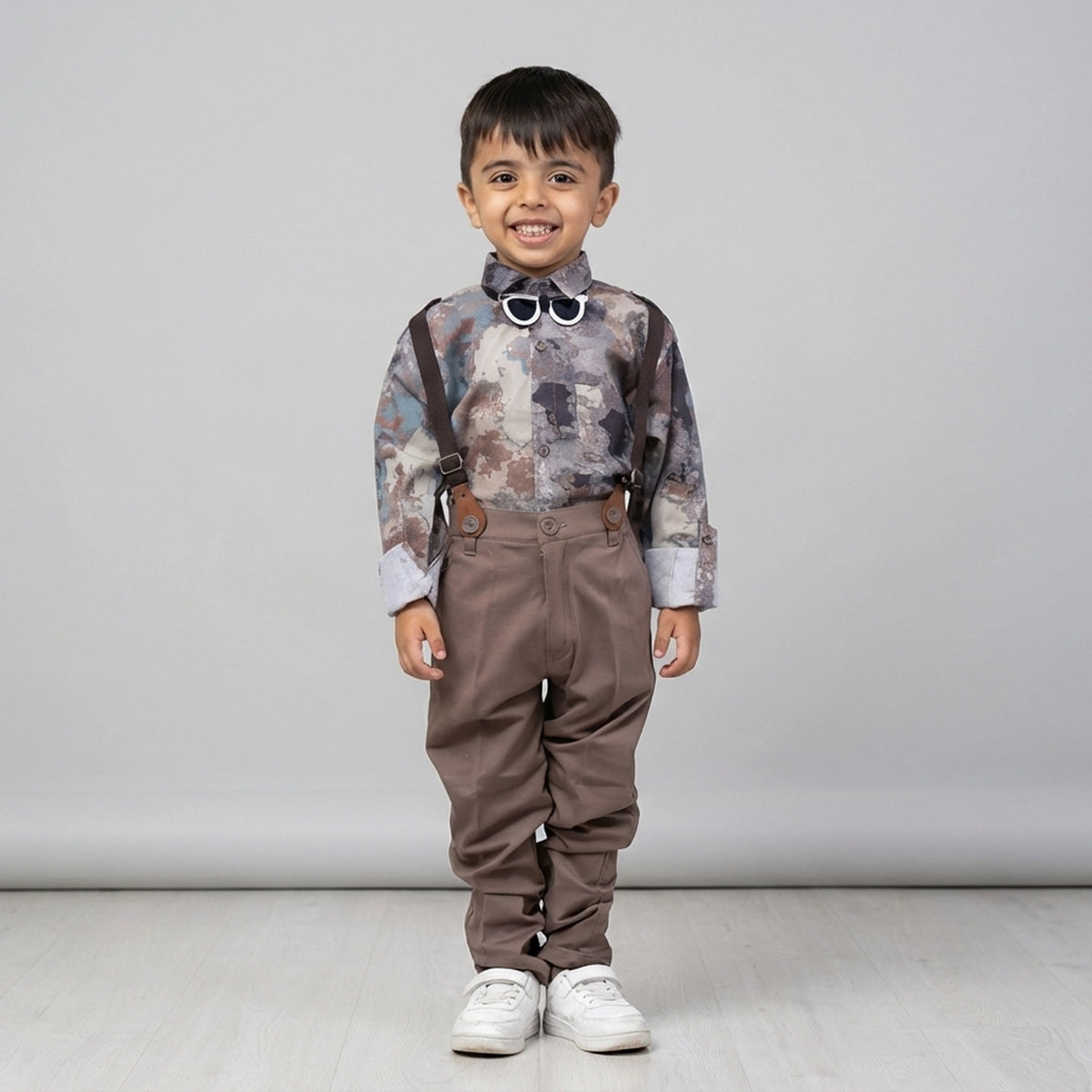 BOYS Grey Printed Shirt with Suspender Pants Party Wear Outfit Set - image 7