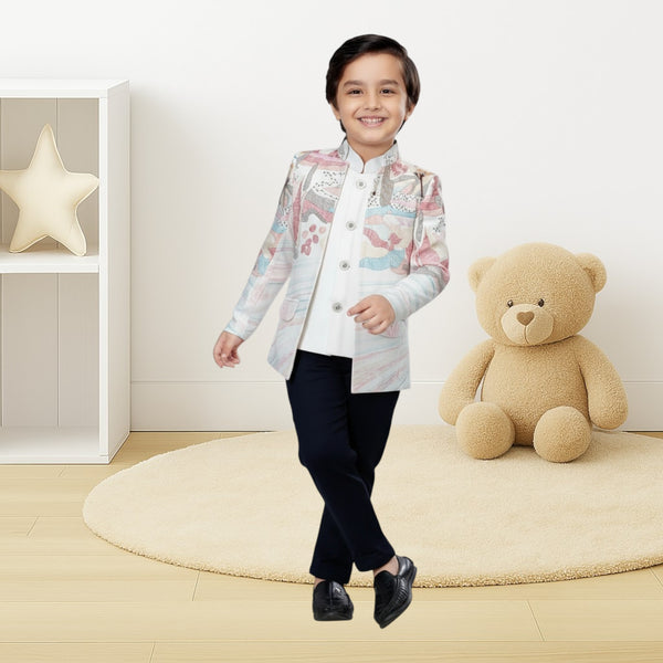 Boys Pastel Ethnic Blazer with White Shirt & Black Pants – Kids Party Wear