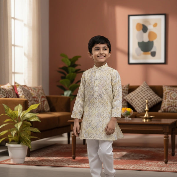 Kids Multi-Color Geometric Print Kurta Pyjama Set – Festive Ethnic Wear