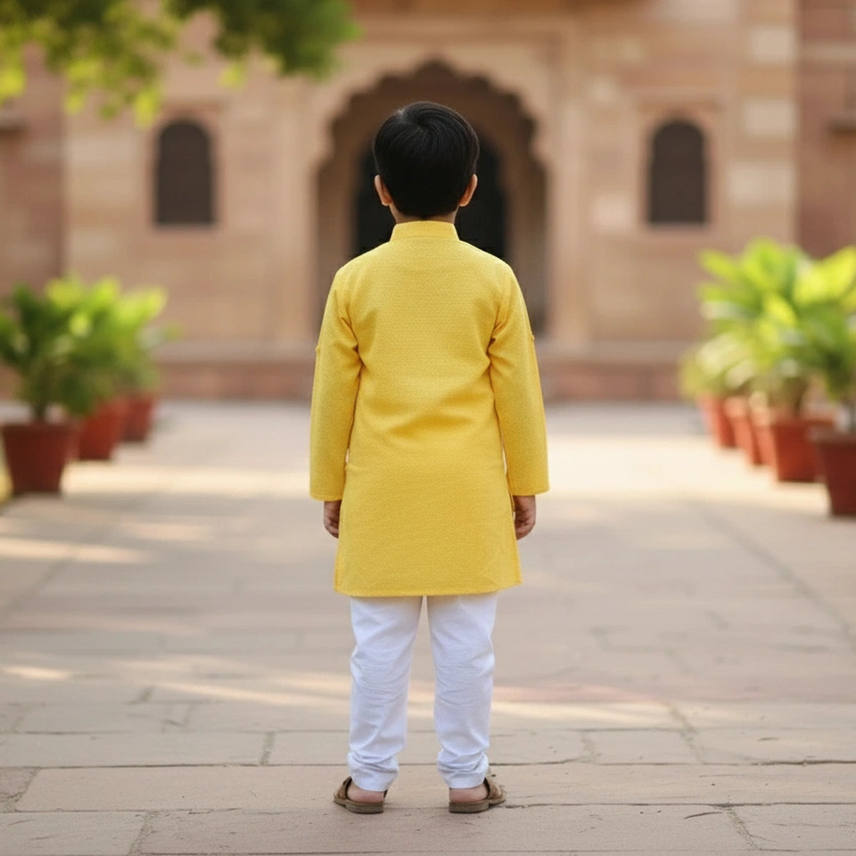 Bright Yellow Shimmer Kurta Pyjama Set for Boys – Traditional Ethnic Wear - image 3