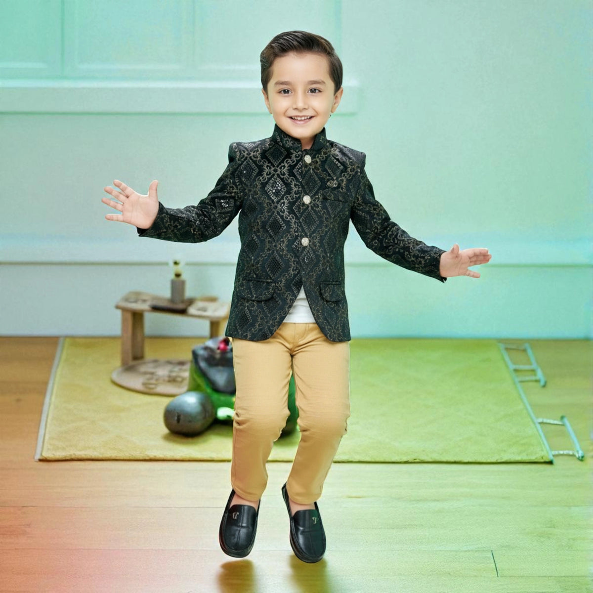 Boys Black Ethnic Blazer Jodhpuri style with Golden Pants – Kids Party & Wedding Wear - image 1