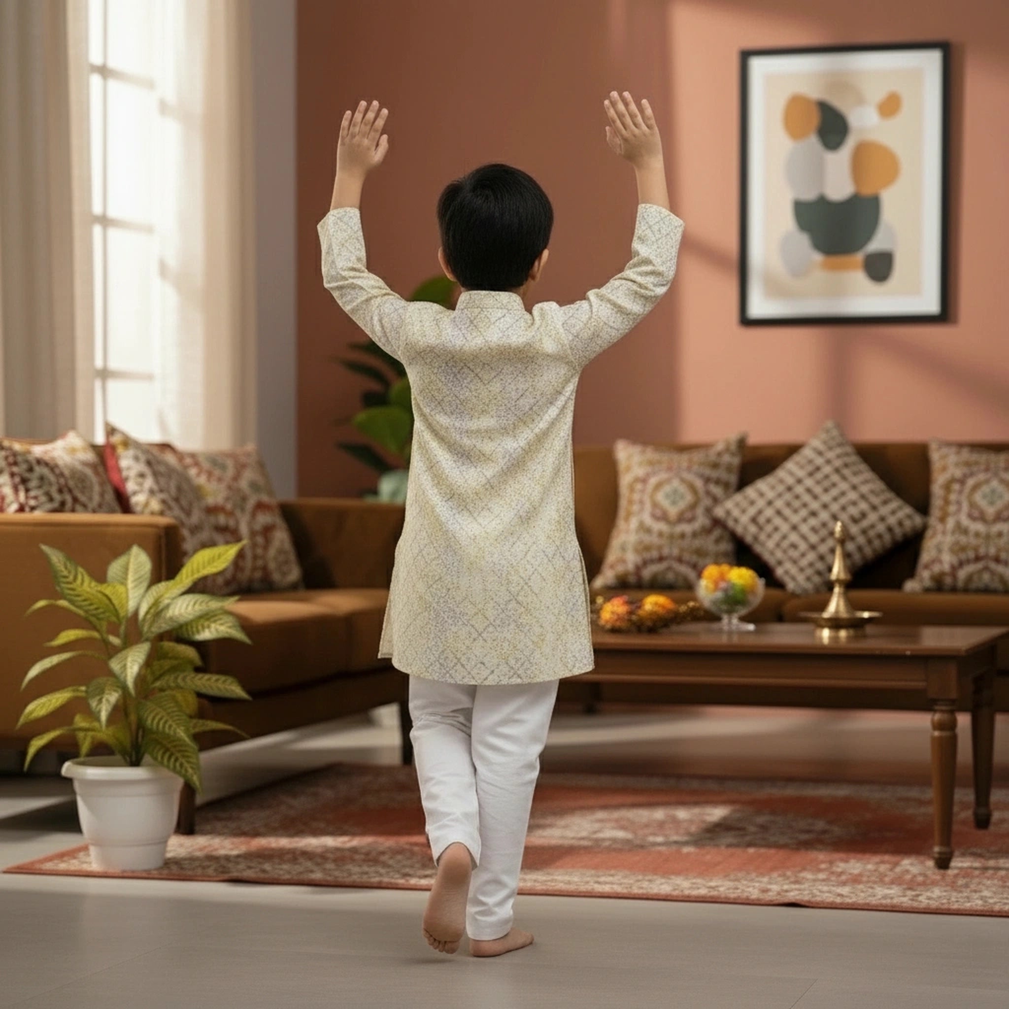 Kids Multi-Color Geometric Print Kurta Pyjama Set – Festive Ethnic Wear