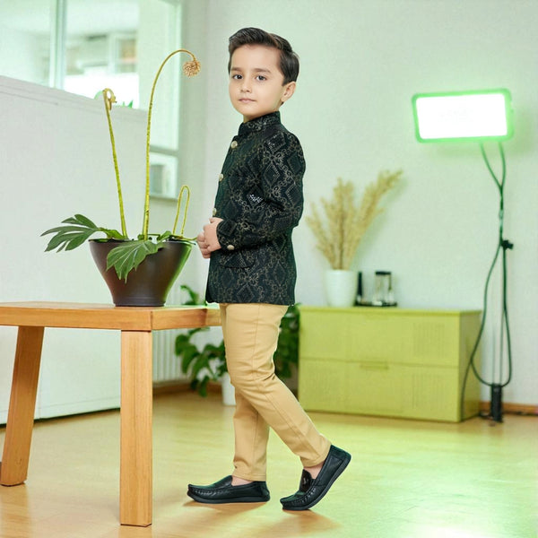 Boys Black Ethnic Blazer Jodhpuri style with Golden Pants – Kids Party & Wedding Wear