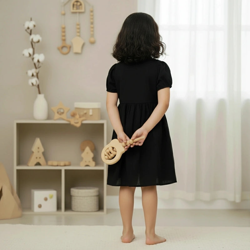 Girls’ Embroidered Panel Frock – Black & White | Cotton Summer Dress
