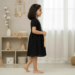 Girls’ Embroidered Panel Frock – Black & White | Cotton Summer Dress