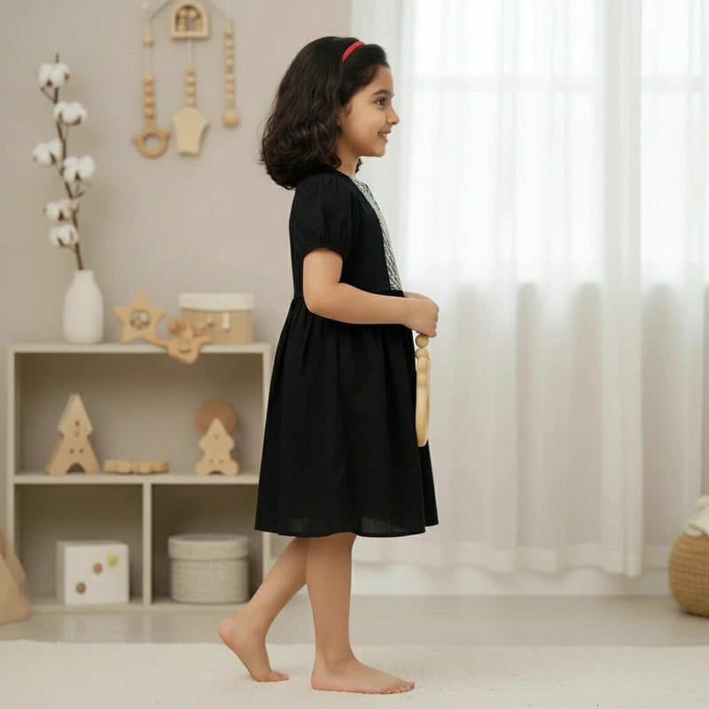 Girls’ Embroidered Panel Frock – Black & White | Cotton Summer Dress