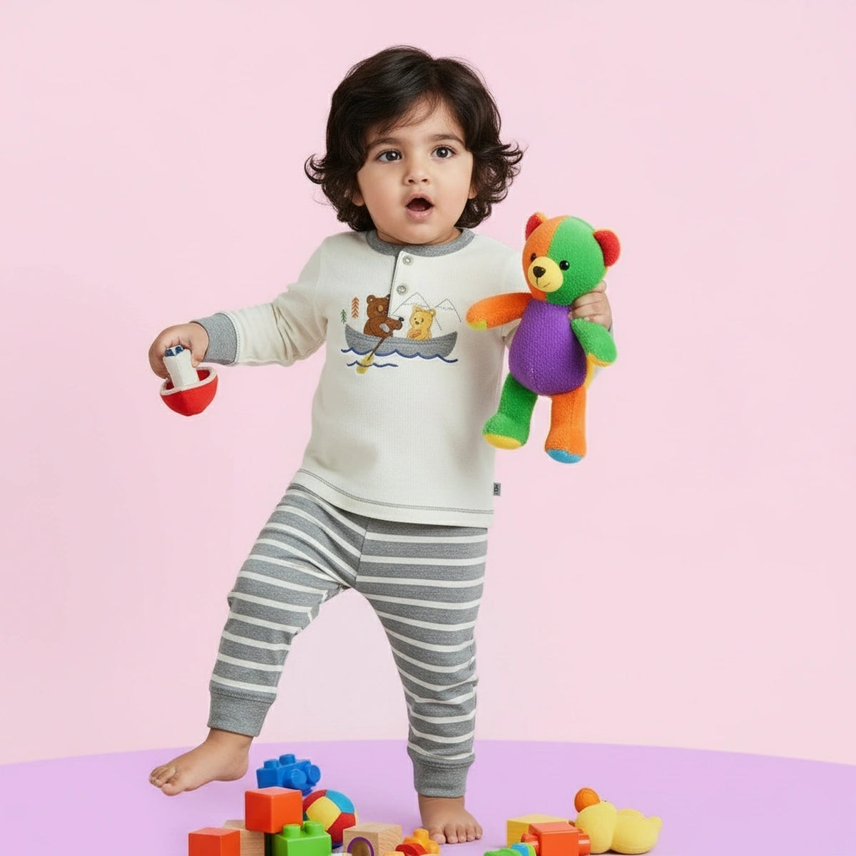 Soft Cotton Baby Set - Beige Bear Top & Grey Striped Bottoms - image 1