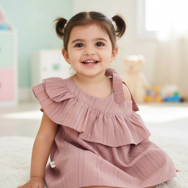 Girls’ Ruffle Frock – Stylish Summer Dress (Pink & Off White)
