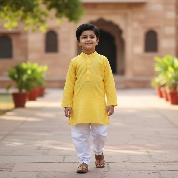 Bright Yellow Shimmer Kurta Pyjama Set for Boys – Traditional Ethnic Wear