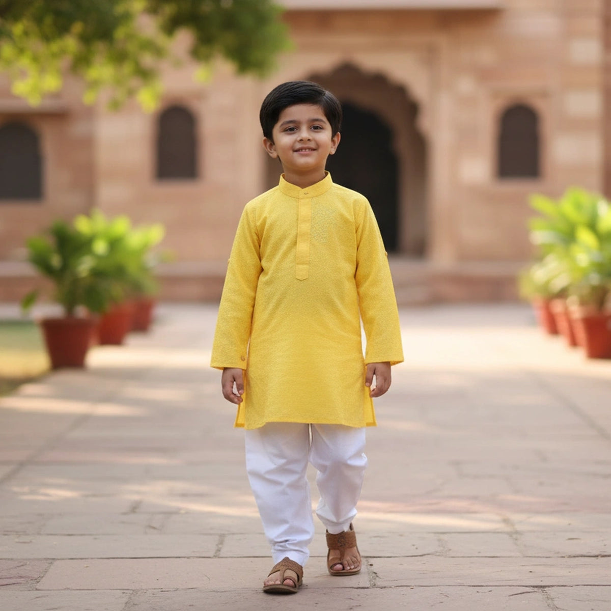 Bright Yellow Shimmer Kurta Pyjama Set for Boys – Traditional Ethnic Wear - image 1