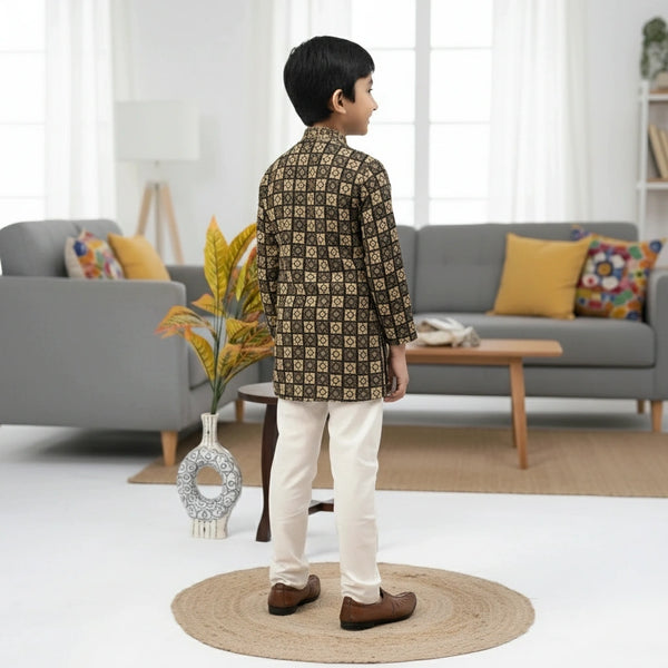 Boys Black & Gold Printed Kurta Pajama Set – Elegant Kids Ethnic Wear