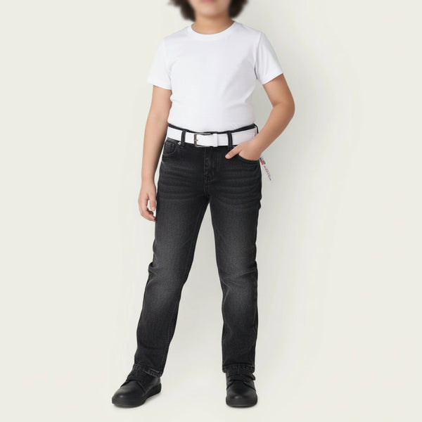 Boys Black Denim Jeans with White Belt – Classic Kids Casual Wear