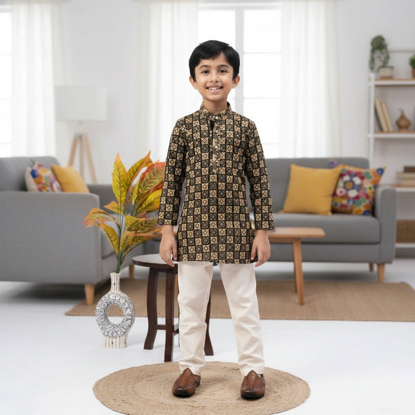 Boys Black & Gold Printed Kurta Pajama Set – Elegant Kids Ethnic Wear