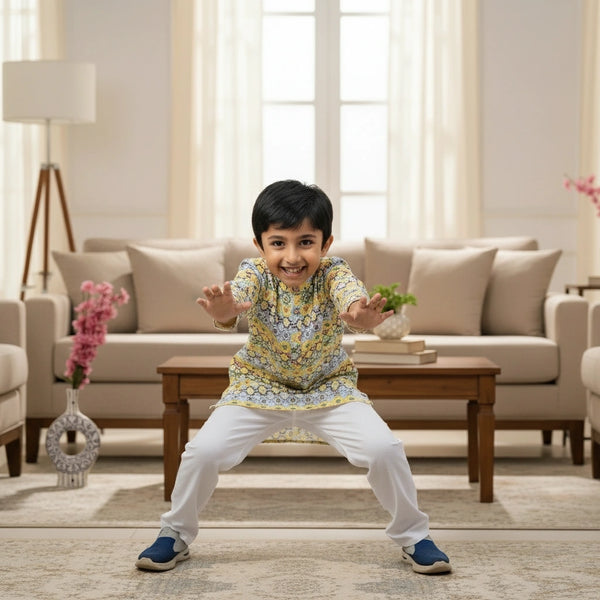 Boys Yellow Printed Kurta Pajama Set – Festive & Party Wear for Kids