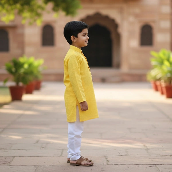 Bright Yellow Shimmer Kurta Pyjama Set for Boys – Traditional Ethnic Wear
