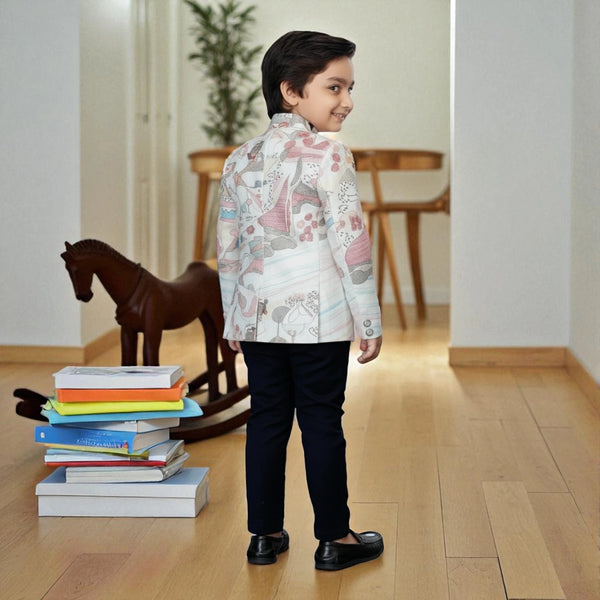 Boys Pastel Ethnic Blazer with White Shirt & Black Pants – Kids Party Wear