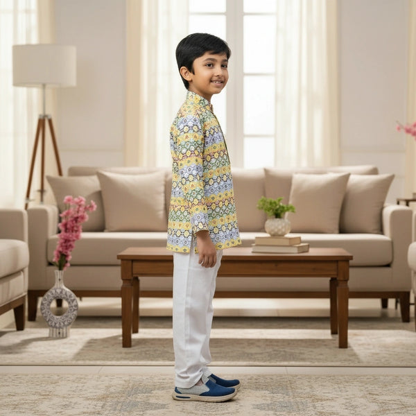 Boys Yellow Printed Kurta Pajama Set – Festive & Party Wear for Kids