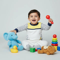 Soft Cotton Baby Romper - Yellow & Navy Blue Striped with Adorable Bear Design
