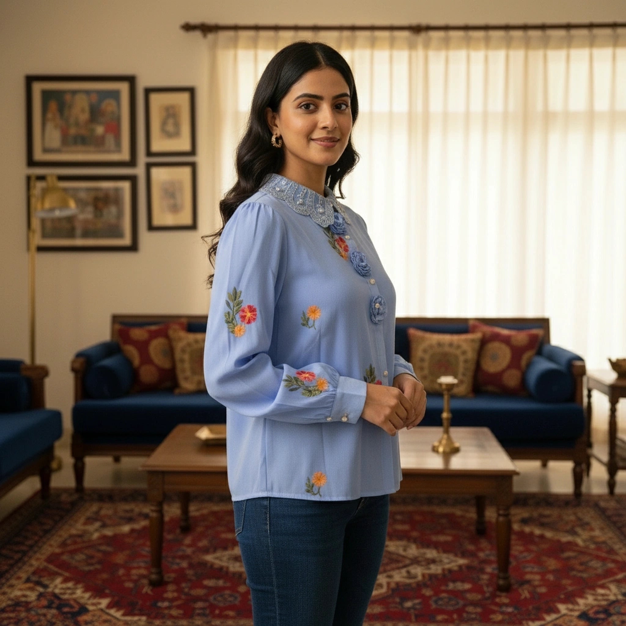 Elegant Embroidered Women’s Top with Floral Detailing