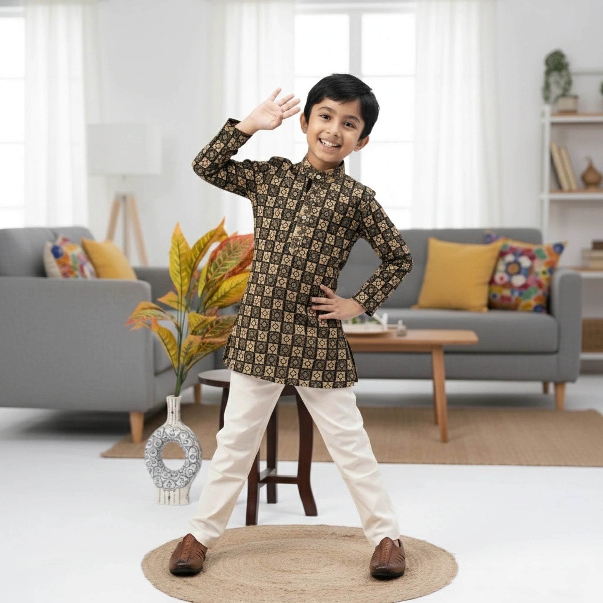 Boys Black & Gold Printed Kurta Pajama Set – Elegant Kids Ethnic Wear