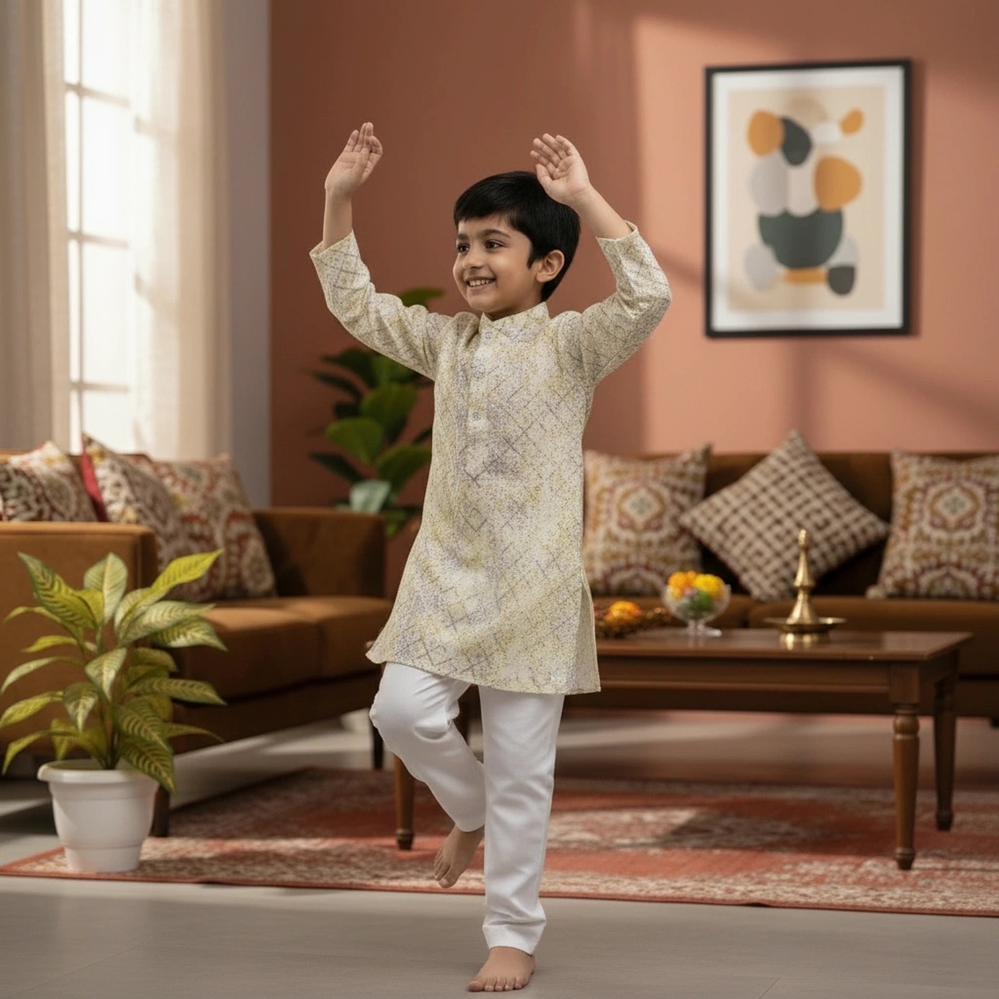 Kids Multi-Color Geometric Print Kurta Pyjama Set – Festive Ethnic Wear
