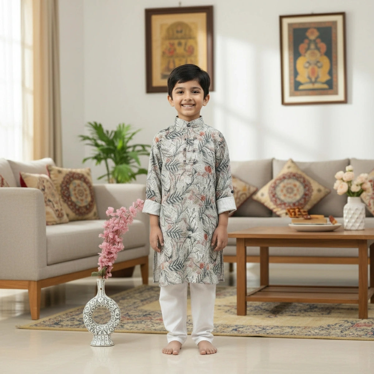 Boys Floral Print Kurta Pyjama Set – Stylish Ethnic Wear for Kids - image 2