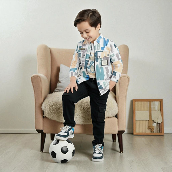 Boys Printed Shirt with Black Pants – Stylish Kids Casual Outfit
