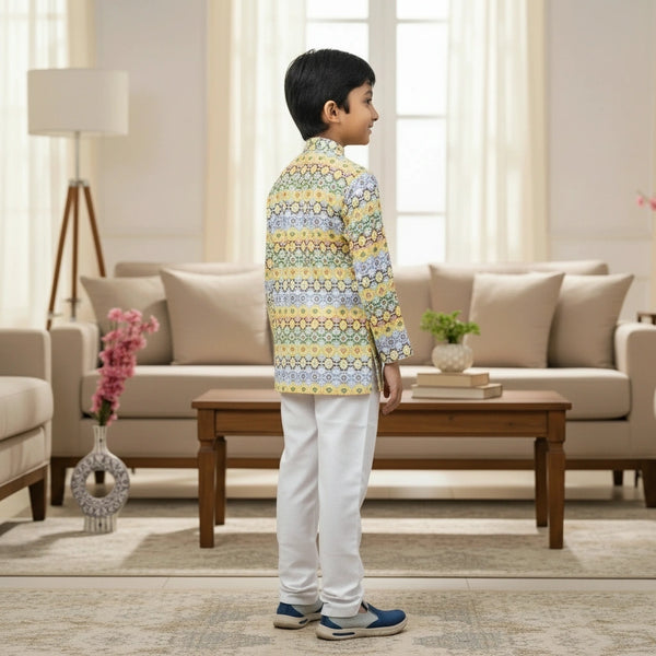 Boys Yellow Printed Kurta Pajama Set – Festive & Party Wear for Kids