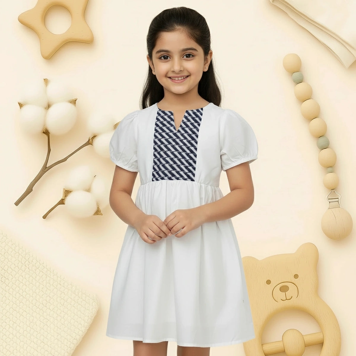 Girls’ Embroidered Panel Frock – Black & White | Cotton Summer Dress