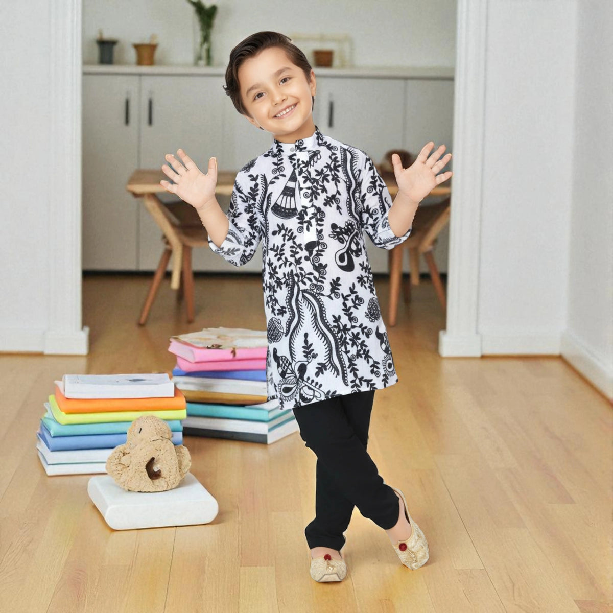 Boys Black & White Embroided Kurta Pyjama Set | Kids Ethnic Wear - image 1